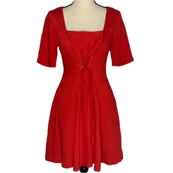 Anthropologie Maeve Red Corset Front Ribbed Textured A-Line Dress - Picture 2 of 15